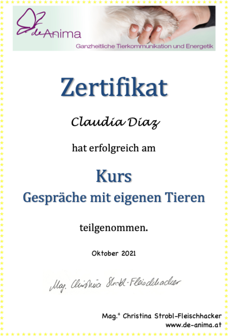 Zertifikat: Gespräche mit eigenen Tieren
