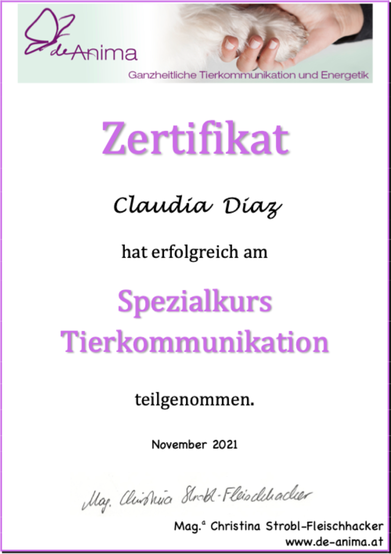 Zertifikat: Spezialkurs Tierkommunikation