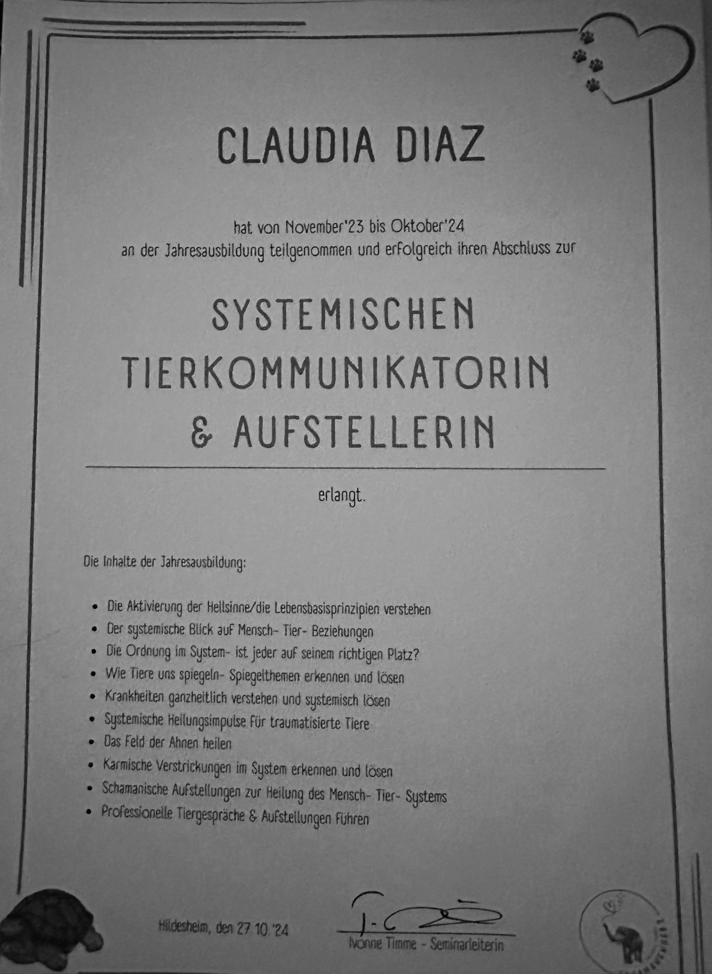 Zertifikat: Systemische Tierkommunikatorin und Aufstellerin
